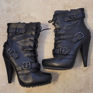 Charlotte Russe Designer Ankle Boots, Sz 8, Black, Side Zipper, String Tie